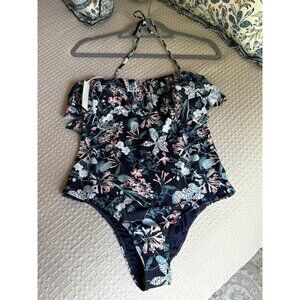 NEW Tart Collections Flutter Halter Open Back One Piece Swimsuit Floral Navy Lg